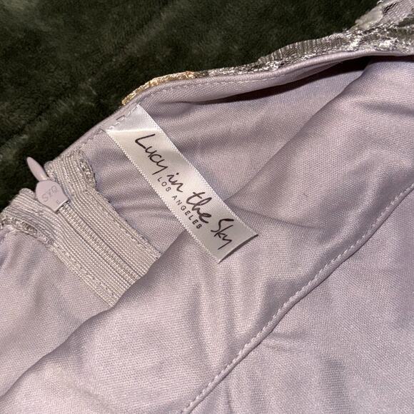 Lucy In The Sky Mini Dress Women's M Purple Gold Floral Mesh Overlay Coquette - Picture 5 of 8